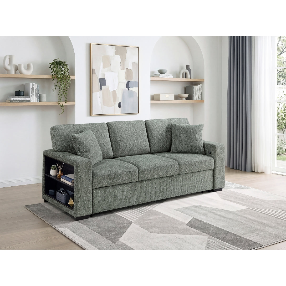 Alcove Sofa with Pull-out Bed, Center Drop-down Cup Holders, Arms with Shelves and Charging Ports