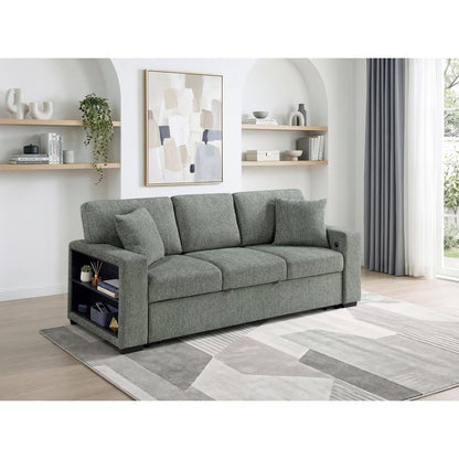 Alcove Sofa with Pull-out Bed, Center Drop-down Cup Holders, Arms with Shelves and Charging Ports