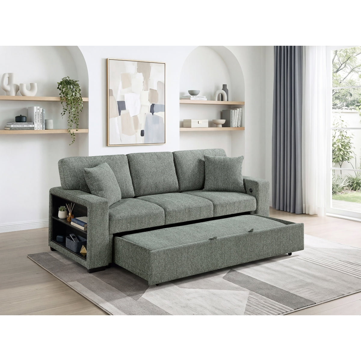 Alcove Sofa with Pull-out Bed, Center Drop-down Cup Holders, Arms with Shelves and Charging Ports