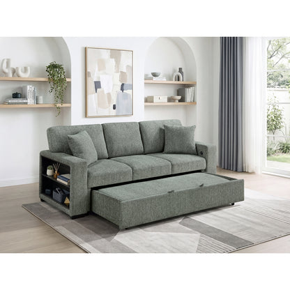 Alcove Sofa with Pull-out Bed, Center Drop-down Cup Holders, Arms with Shelves and Charging Ports