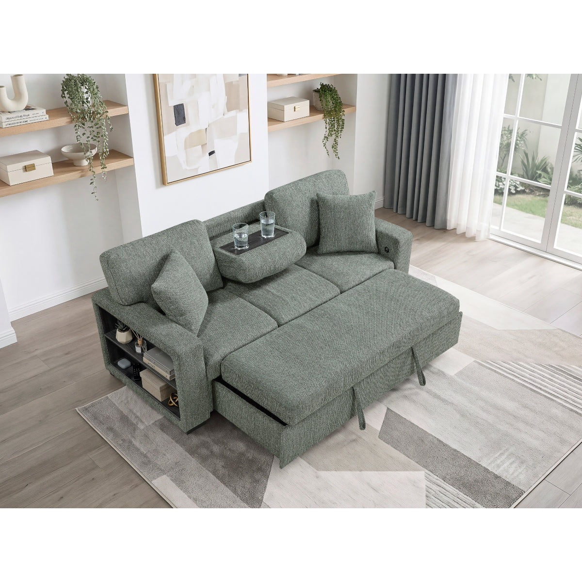 Alcove Sofa with Pull-out Bed, Center Drop-down Cup Holders, Arms with Shelves and Charging Ports