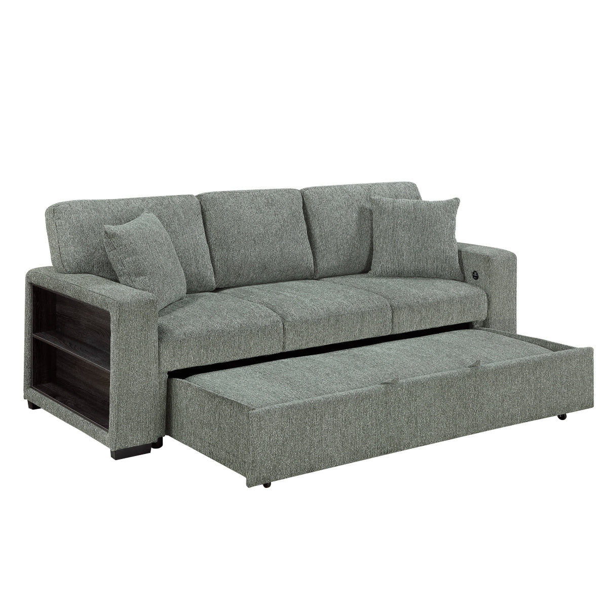 Alcove Sofa with Pull-out Bed, Center Drop-down Cup Holders, Arms with Shelves and Charging Ports