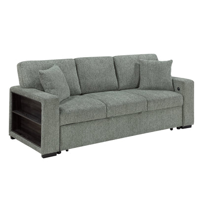 Alcove Sofa with Pull-out Bed, Center Drop-down Cup Holders, Arms with Shelves and Charging Ports