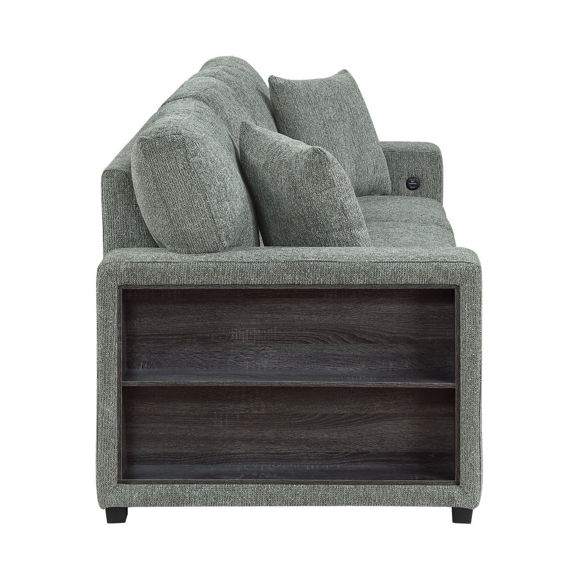 Alcove Sofa with Pull-out Bed, Center Drop-down Cup Holders, Arms with Shelves and Charging Ports