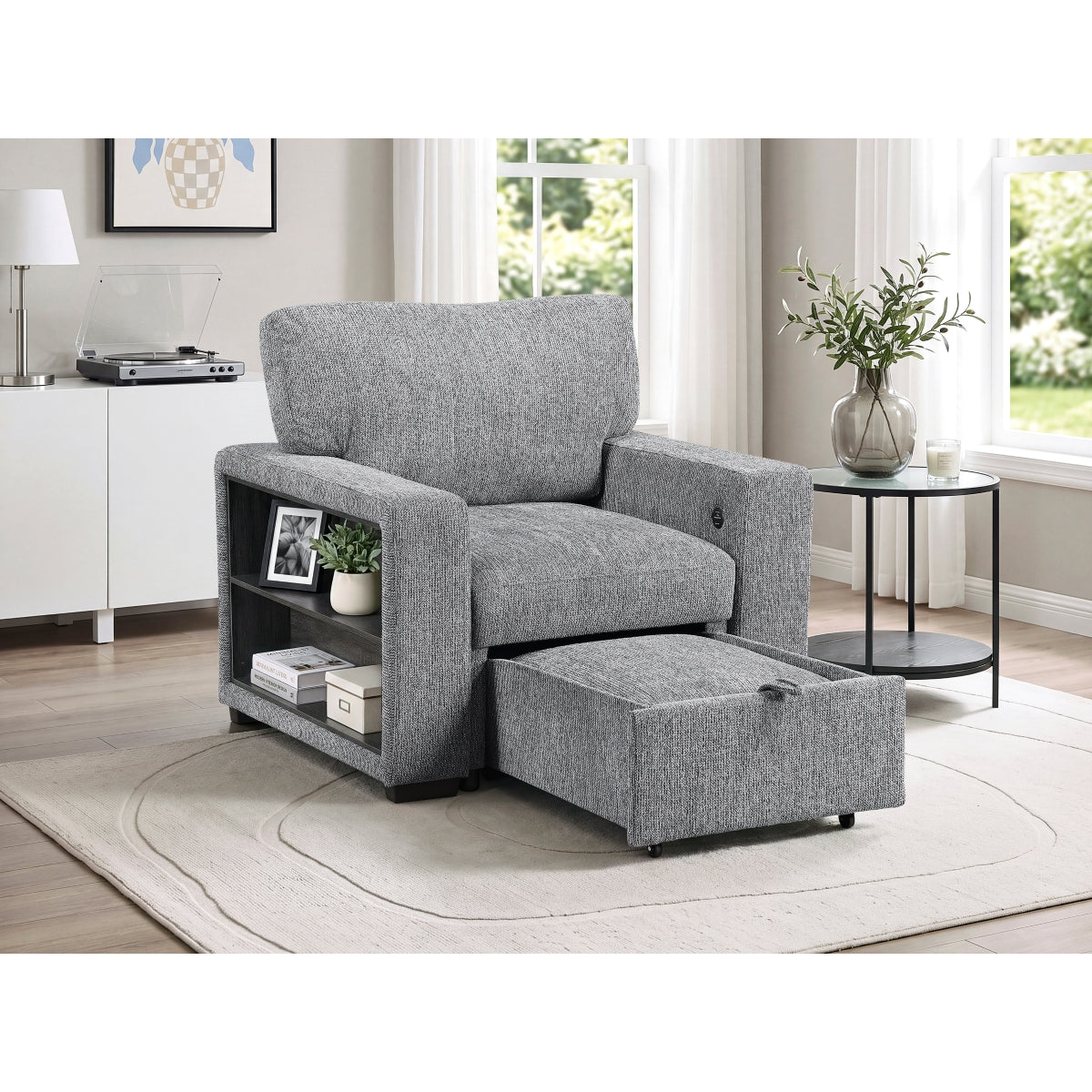 Alcove Chair with Pull-out Ottoman, Arms with Shelves and Charging Ports