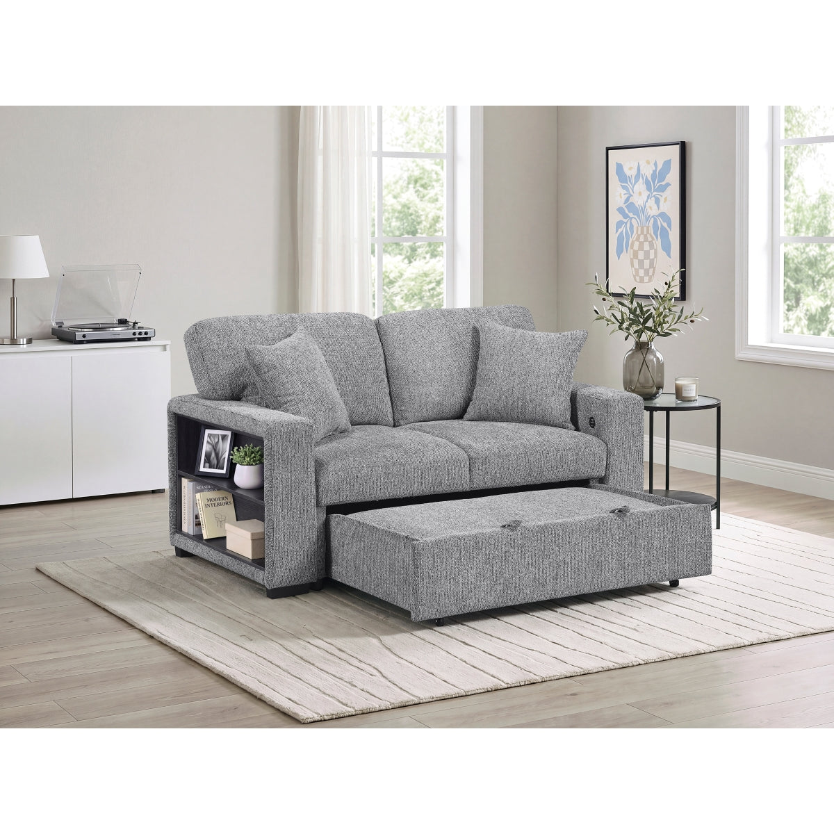 Alcove Love Seat with Pull-out Bed, Arms with Shelves and Charging Ports