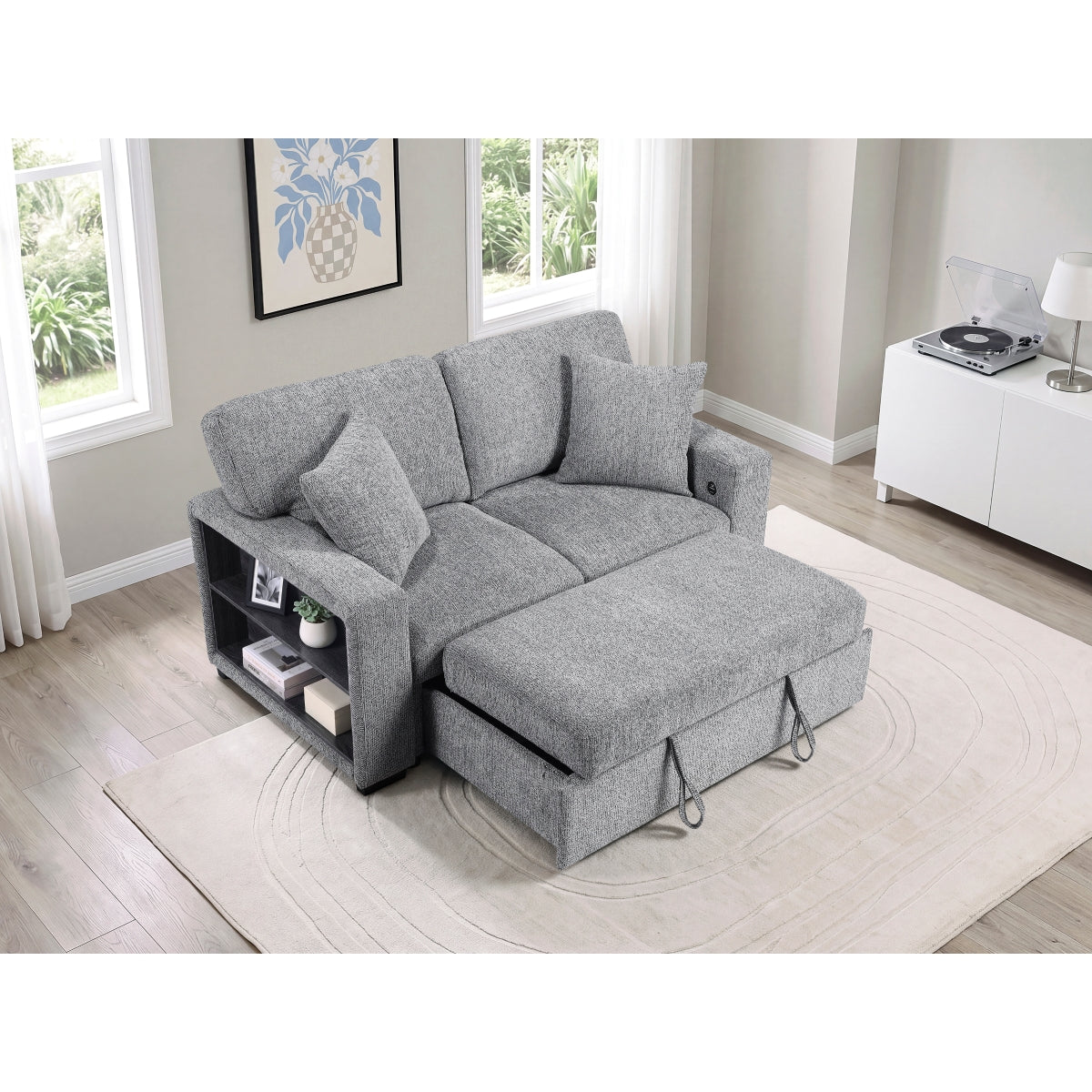Alcove Love Seat with Pull-out Bed, Arms with Shelves and Charging Ports
