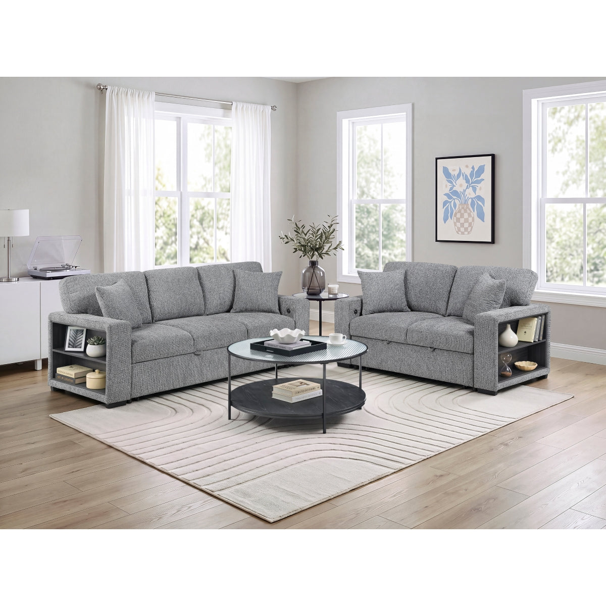 Alcove Love Seat with Pull-out Bed, Arms with Shelves and Charging Ports