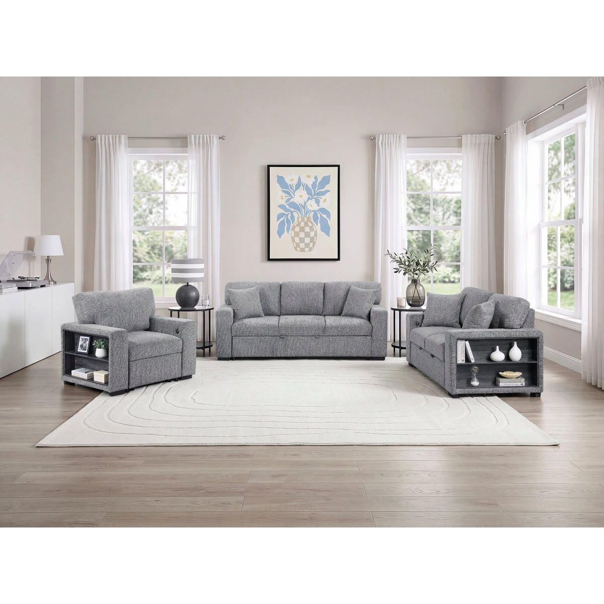 Alcove Sofa with Pull-out Bed, Center Drop-down Cup Holders, Arms with Shelves and Charging Ports