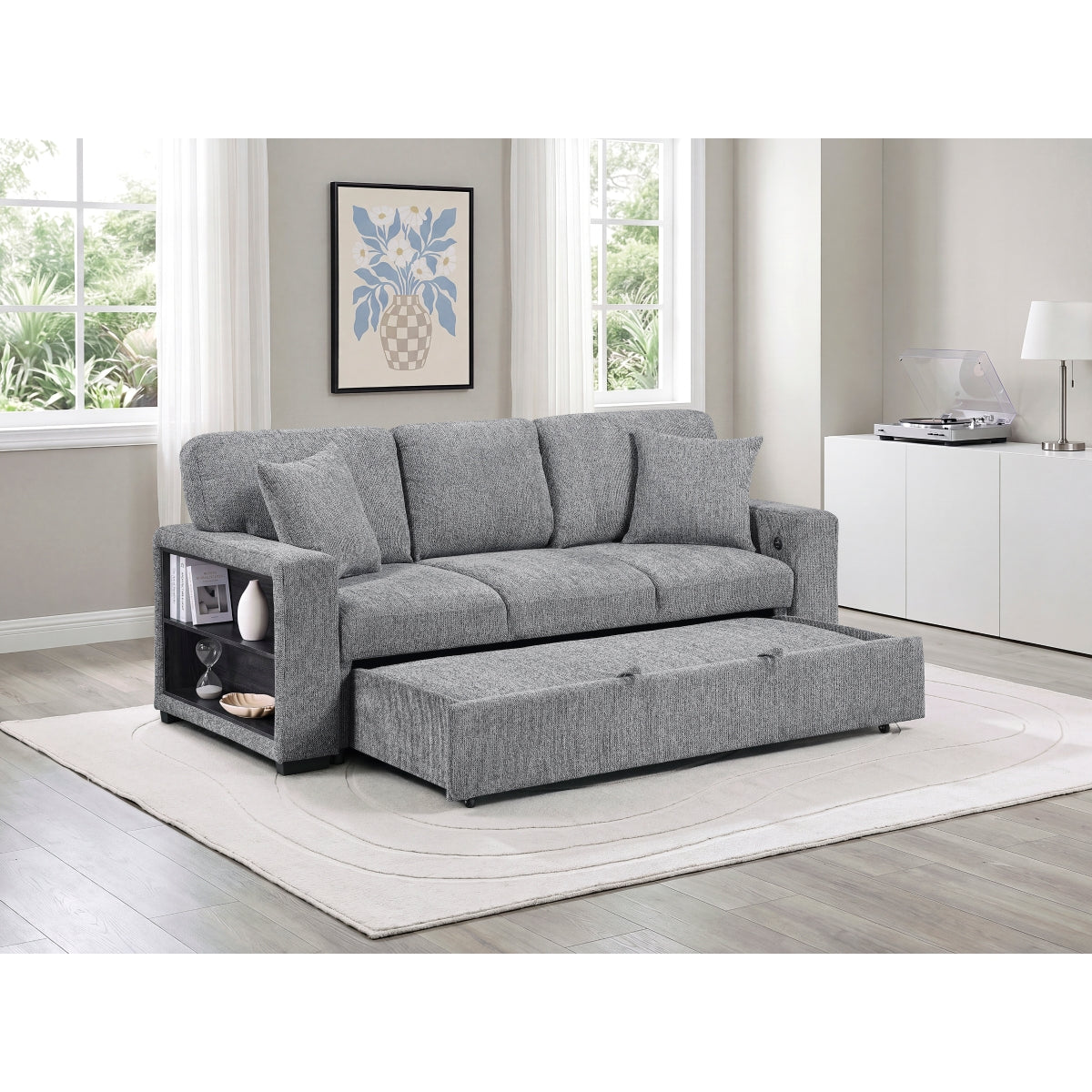 Alcove Sofa with Pull-out Bed, Center Drop-down Cup Holders, Arms with Shelves and Charging Ports