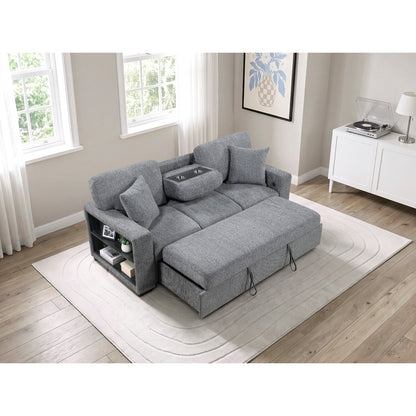 Alcove Sofa with Pull-out Bed, Center Drop-down Cup Holders, Arms with Shelves and Charging Ports