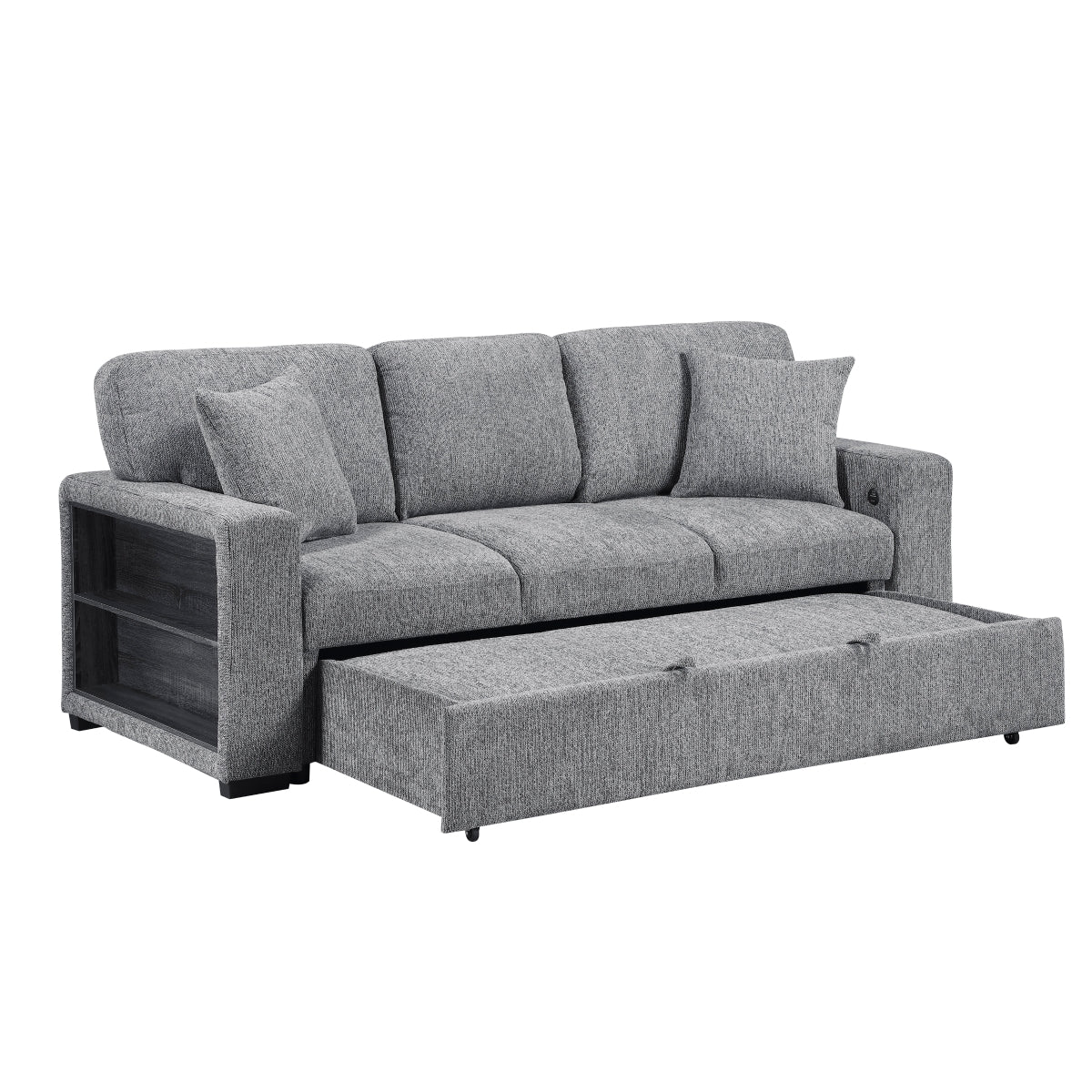 Alcove Sofa with Pull-out Bed, Center Drop-down Cup Holders, Arms with Shelves and Charging Ports