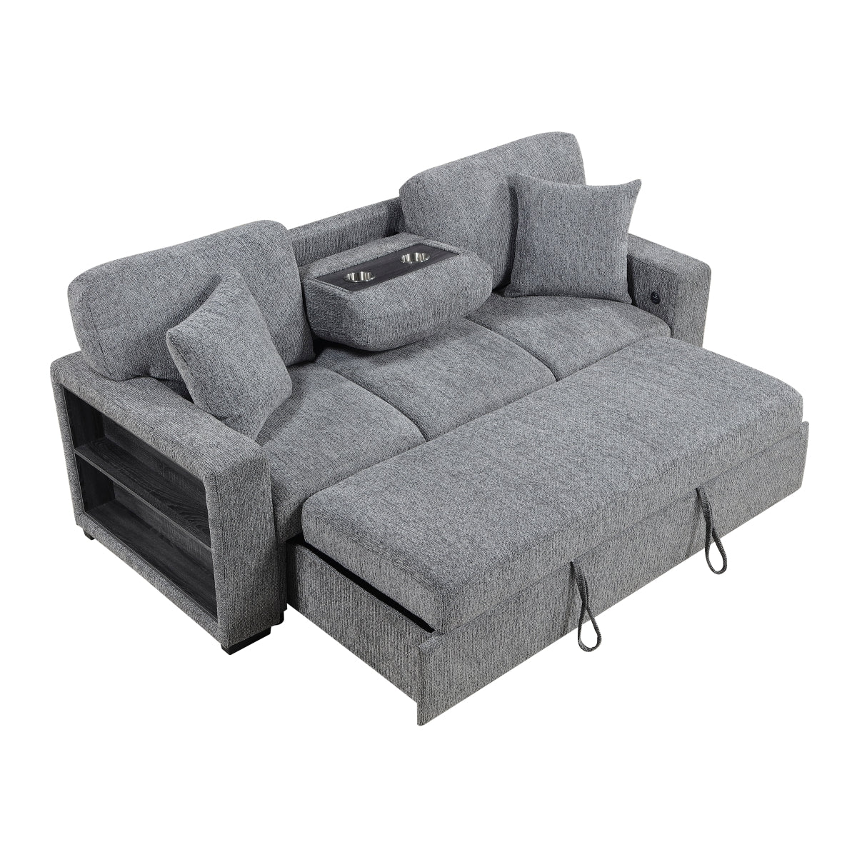 Alcove Sofa with Pull-out Bed, Center Drop-down Cup Holders, Arms with Shelves and Charging Ports