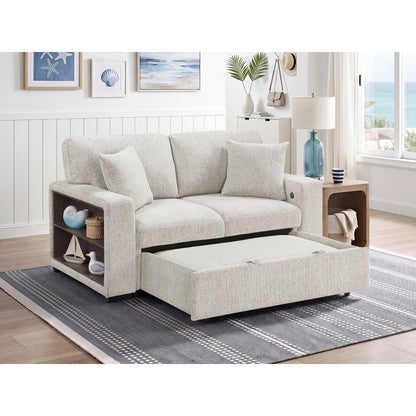 Alcove Love Seat with Pull-out Bed, Arms with Shelves and Charging Ports