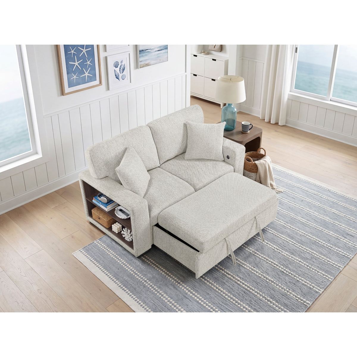 Alcove Love Seat with Pull-out Bed, Arms with Shelves and Charging Ports