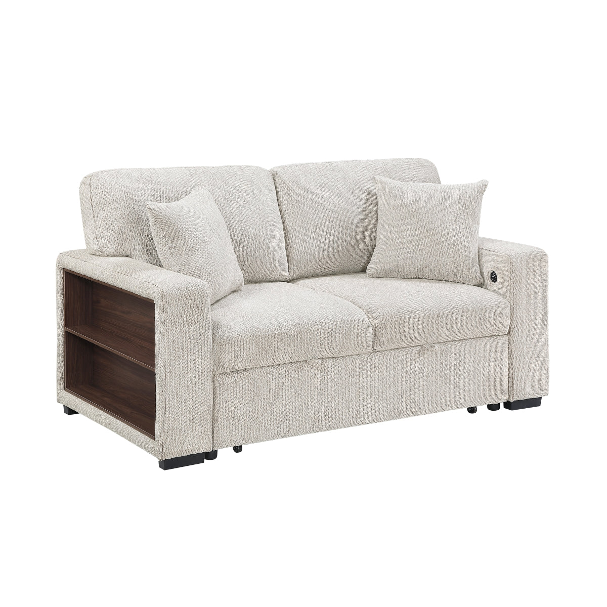 Alcove Love Seat with Pull-out Bed, Arms with Shelves and Charging Ports