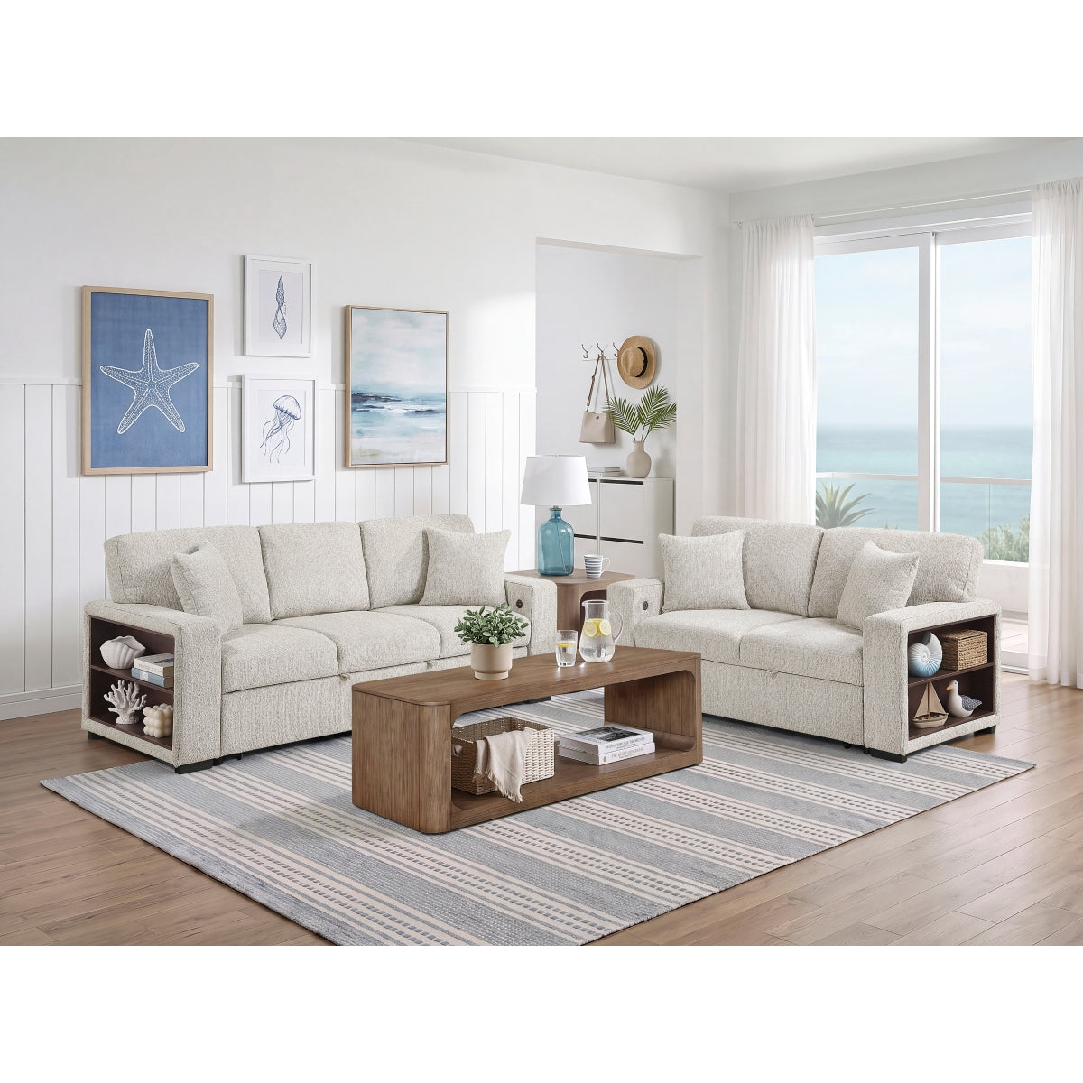 Alcove Love Seat with Pull-out Bed, Arms with Shelves and Charging Ports