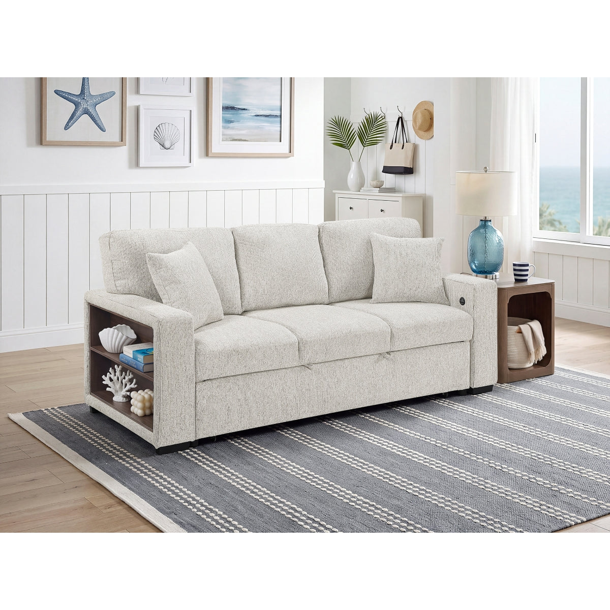 Alcove Sofa with Pull-out Bed, Center Drop-down Cup Holders, Arms with Shelves and Charging Ports