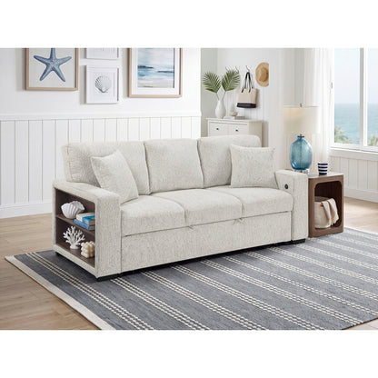 Alcove Sofa with Pull-out Bed, Center Drop-down Cup Holders, Arms with Shelves and Charging Ports