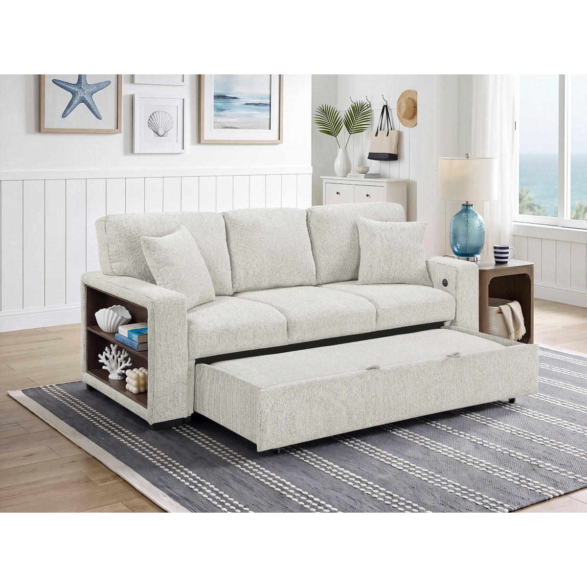 Alcove Sofa with Pull-out Bed, Center Drop-down Cup Holders, Arms with Shelves and Charging Ports