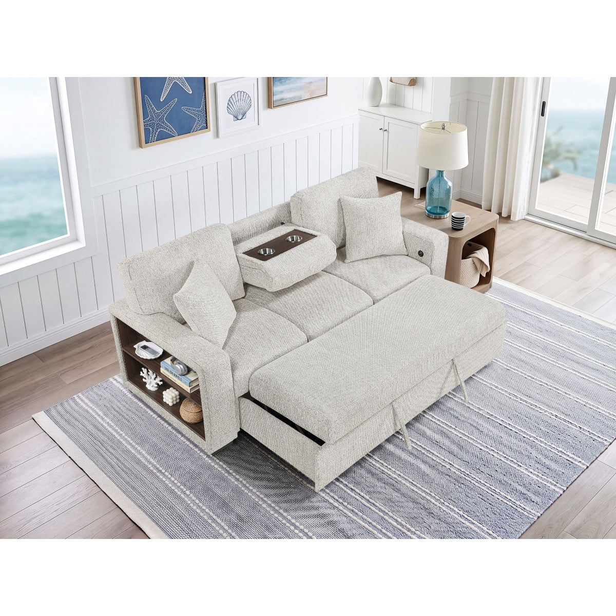 Alcove Sofa with Pull-out Bed, Center Drop-down Cup Holders, Arms with Shelves and Charging Ports