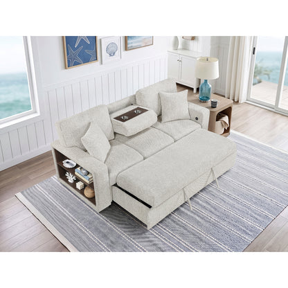 Alcove Sofa with Pull-out Bed, Center Drop-down Cup Holders, Arms with Shelves and Charging Ports