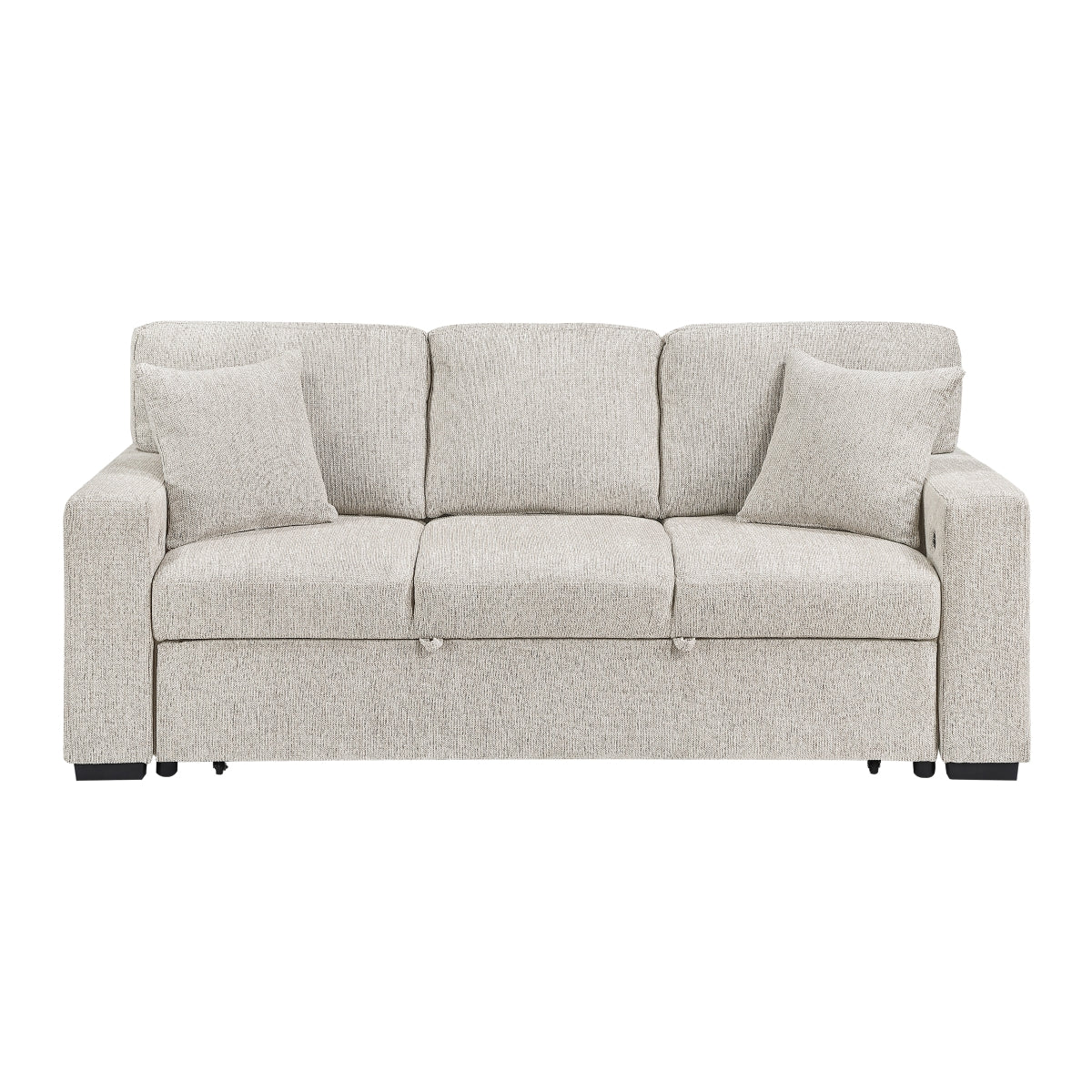 Alcove Sofa with Pull-out Bed, Center Drop-down Cup Holders, Arms with Shelves and Charging Ports