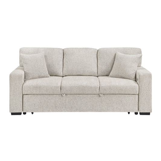 Alcove Sofa with Pull-out Bed, Center Drop-down Cup Holders, Arms with Shelves and Charging Ports