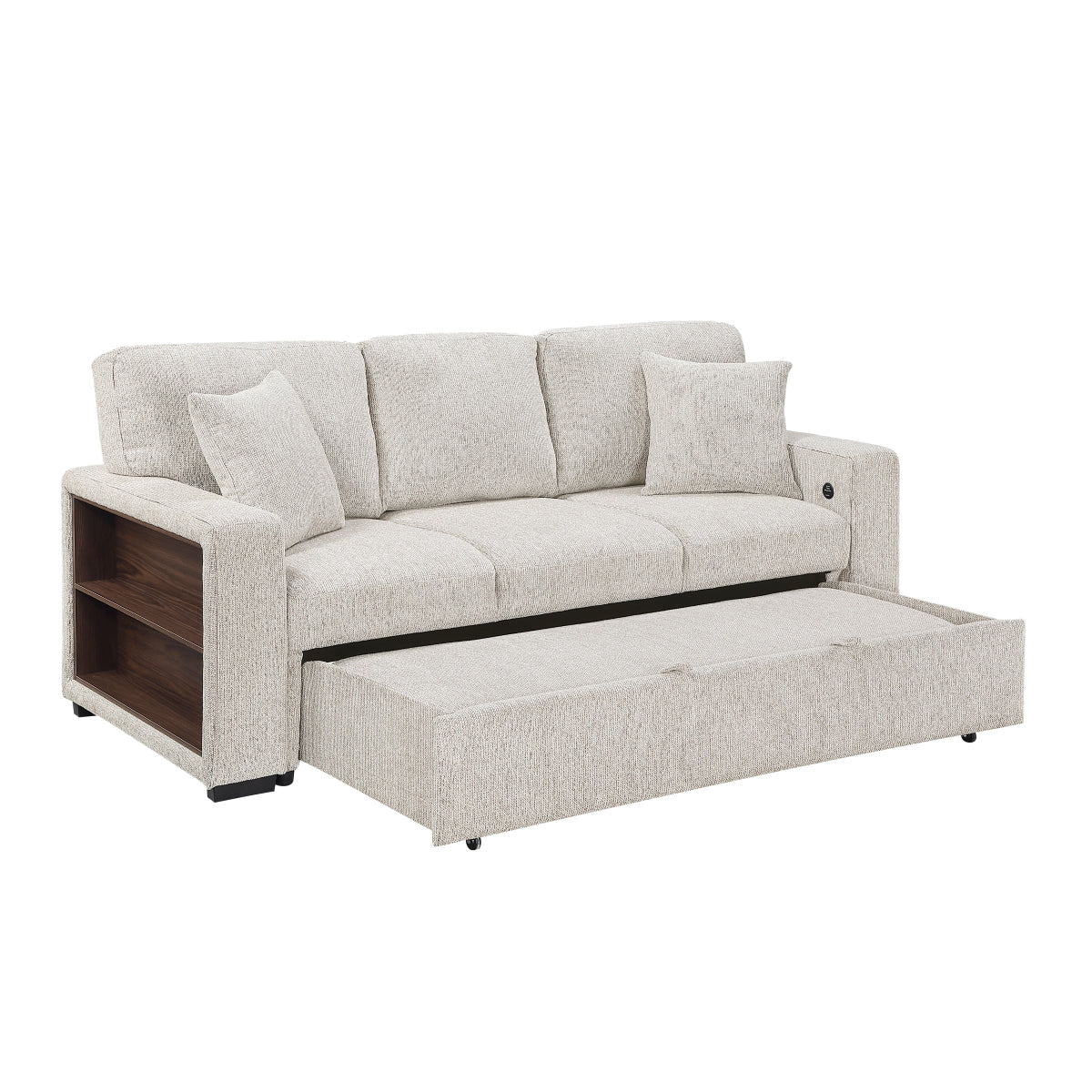 Alcove Sofa with Pull-out Bed, Center Drop-down Cup Holders, Arms with Shelves and Charging Ports