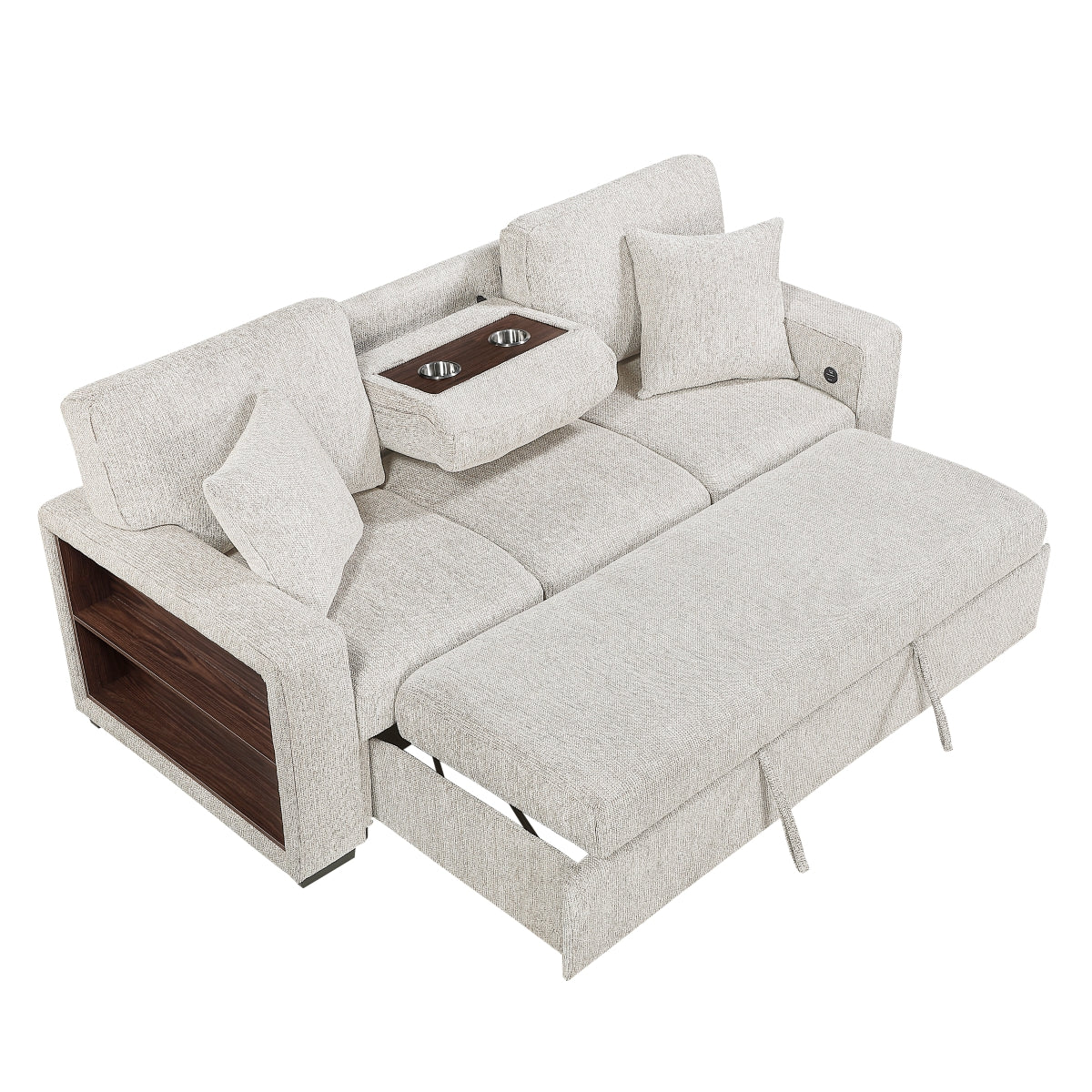Alcove Sofa with Pull-out Bed, Center Drop-down Cup Holders, Arms with Shelves and Charging Ports