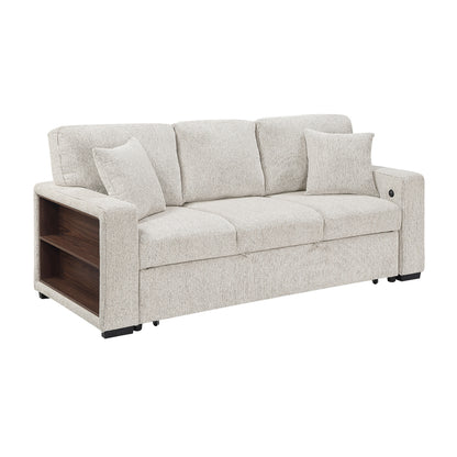 Alcove Sofa with Pull-out Bed, Center Drop-down Cup Holders, Arms with Shelves and Charging Ports