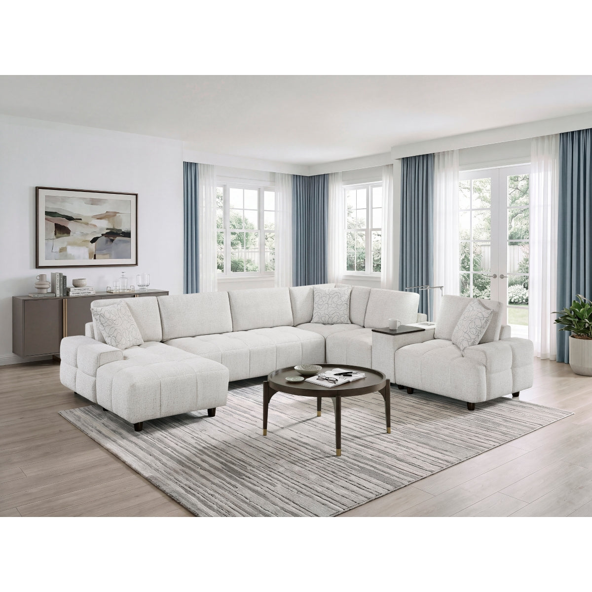 Tessella 6-Piece Modular Sectional with Left Chaise, Console with Hidden Storage, Wireless Speakers, Wireless Chargers, Swivel Table Top, Reading Lights and Charging Ports