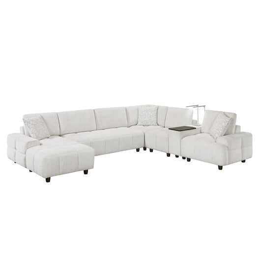 Tessella 6-Piece Modular Sectional with Left Chaise, Console with Hidden Storage, Wireless Speakers, Wireless Chargers, Swivel Table Top, Reading Lights and Charging Ports