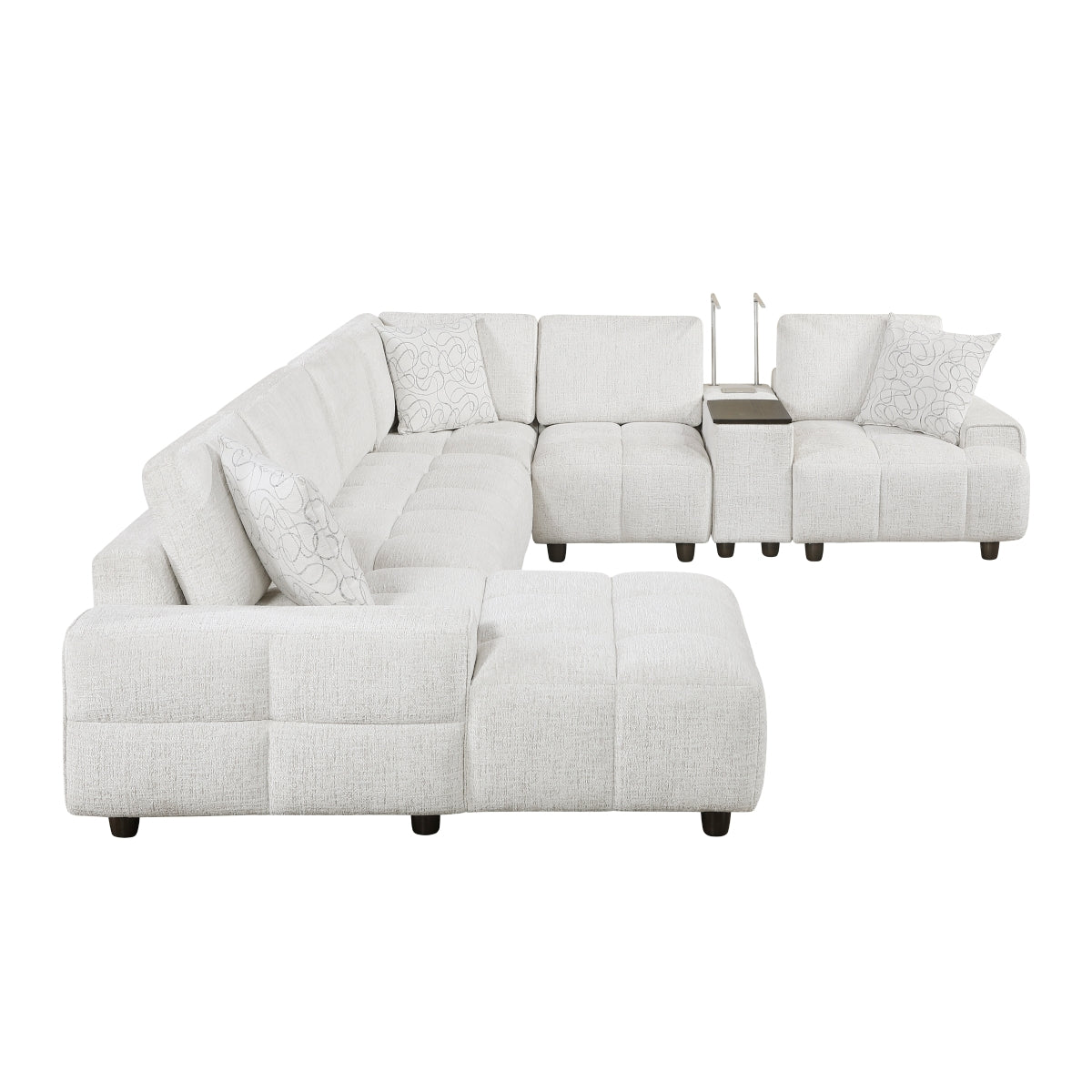Tessella 6-Piece Modular Sectional with Left Chaise, Console with Hidden Storage, Wireless Speakers, Wireless Chargers, Swivel Table Top, Reading Lights and Charging Ports