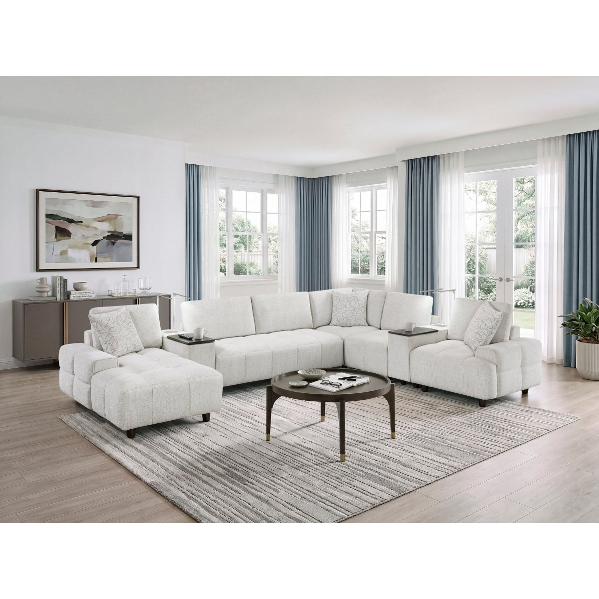 Tessella 7-Piece Modular Sectional with Left Chaise, Two Consoles with Hidden Storage, Wireless Speakers, Wireless Chargers, Swivel Table Top, Reading Lights and Charging Ports