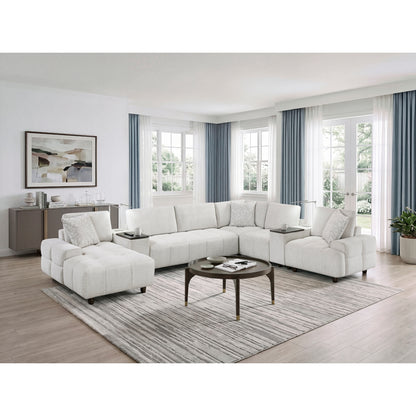 Tessella 7-Piece Modular Sectional with Left Chaise, Two Consoles with Hidden Storage, Wireless Speakers, Wireless Chargers, Swivel Table Top, Reading Lights and Charging Ports