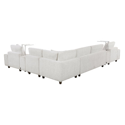 Tessella 7-Piece Modular Sectional with Left Chaise, Two Consoles with Hidden Storage, Wireless Speakers, Wireless Chargers, Swivel Table Top, Reading Lights and Charging Ports