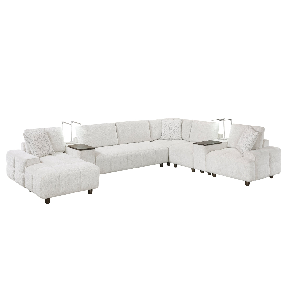 Tessella 7-Piece Modular Sectional with Left Chaise, Two Consoles with Hidden Storage, Wireless Speakers, Wireless Chargers, Swivel Table Top, Reading Lights and Charging Ports
