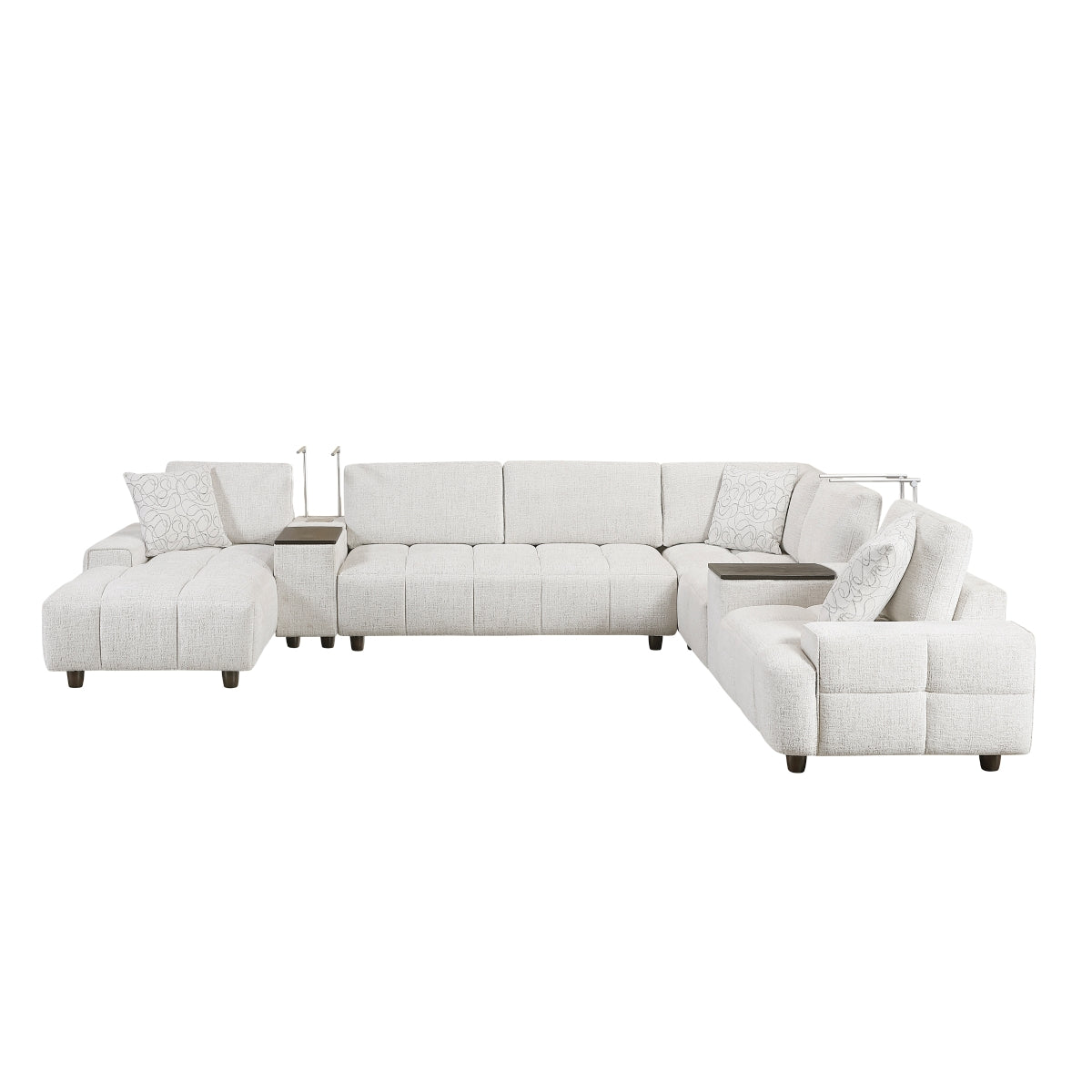 Tessella 7-Piece Modular Sectional with Left Chaise, Two Consoles with Hidden Storage, Wireless Speakers, Wireless Chargers, Swivel Table Top, Reading Lights and Charging Ports