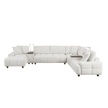 Tessella 7-Piece Modular Sectional with Left Chaise, Two Consoles with Hidden Storage, Wireless Speakers, Wireless Chargers, Swivel Table Top, Reading Lights and Charging Ports