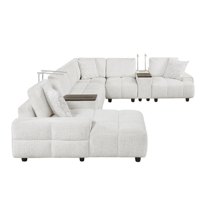 Tessella 7-Piece Modular Sectional with Left Chaise, Two Consoles with Hidden Storage, Wireless Speakers, Wireless Chargers, Swivel Table Top, Reading Lights and Charging Ports