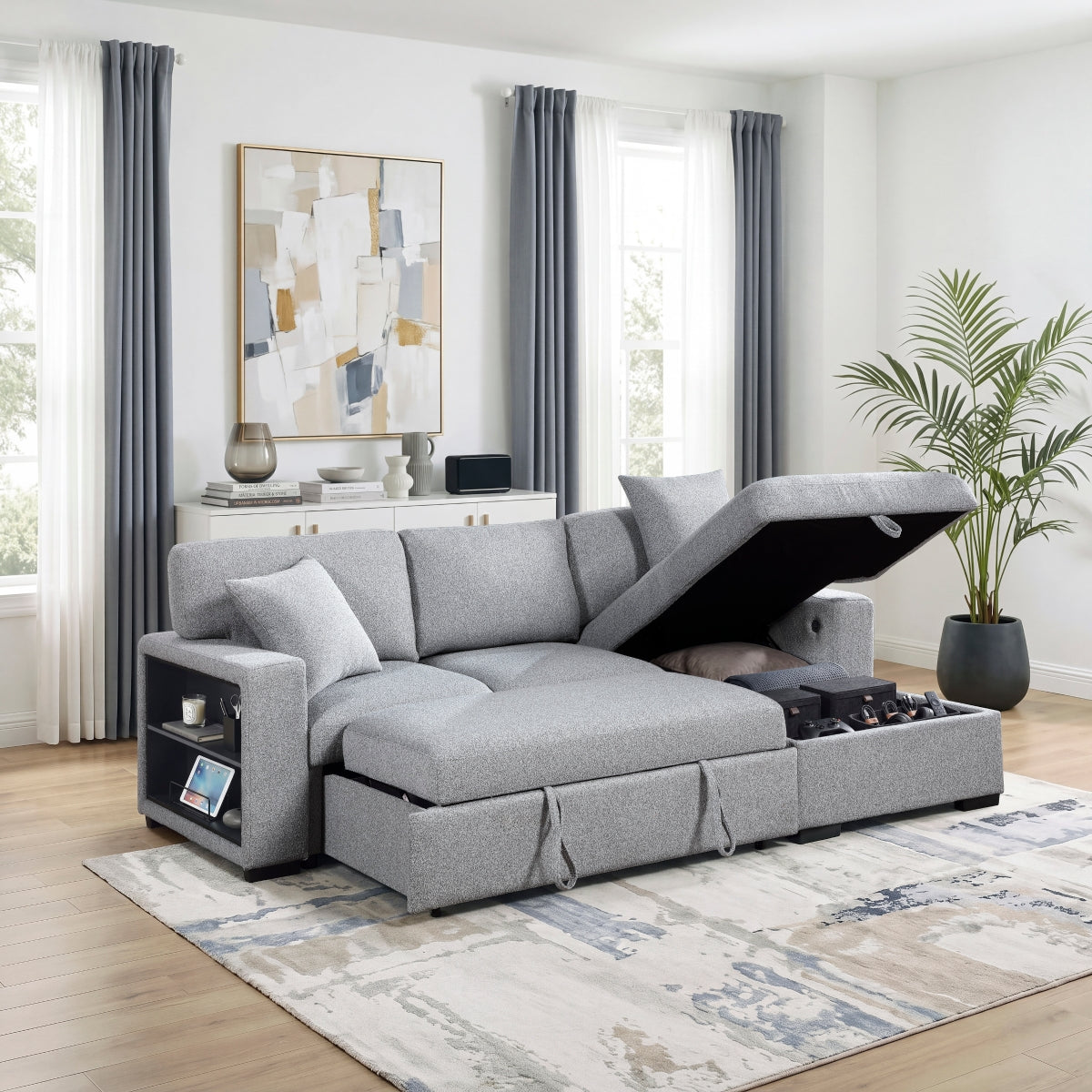 Pompano Sectional with Right Chaise, Pull-out Bed, Hidden Storage and Shelves, Charging Ports