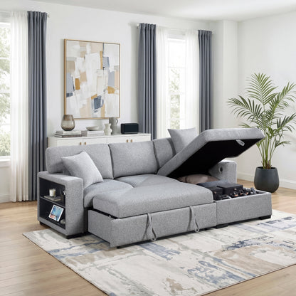 Pompano Sectional with Right Chaise, Pull-out Bed, Hidden Storage and Shelves, Charging Ports