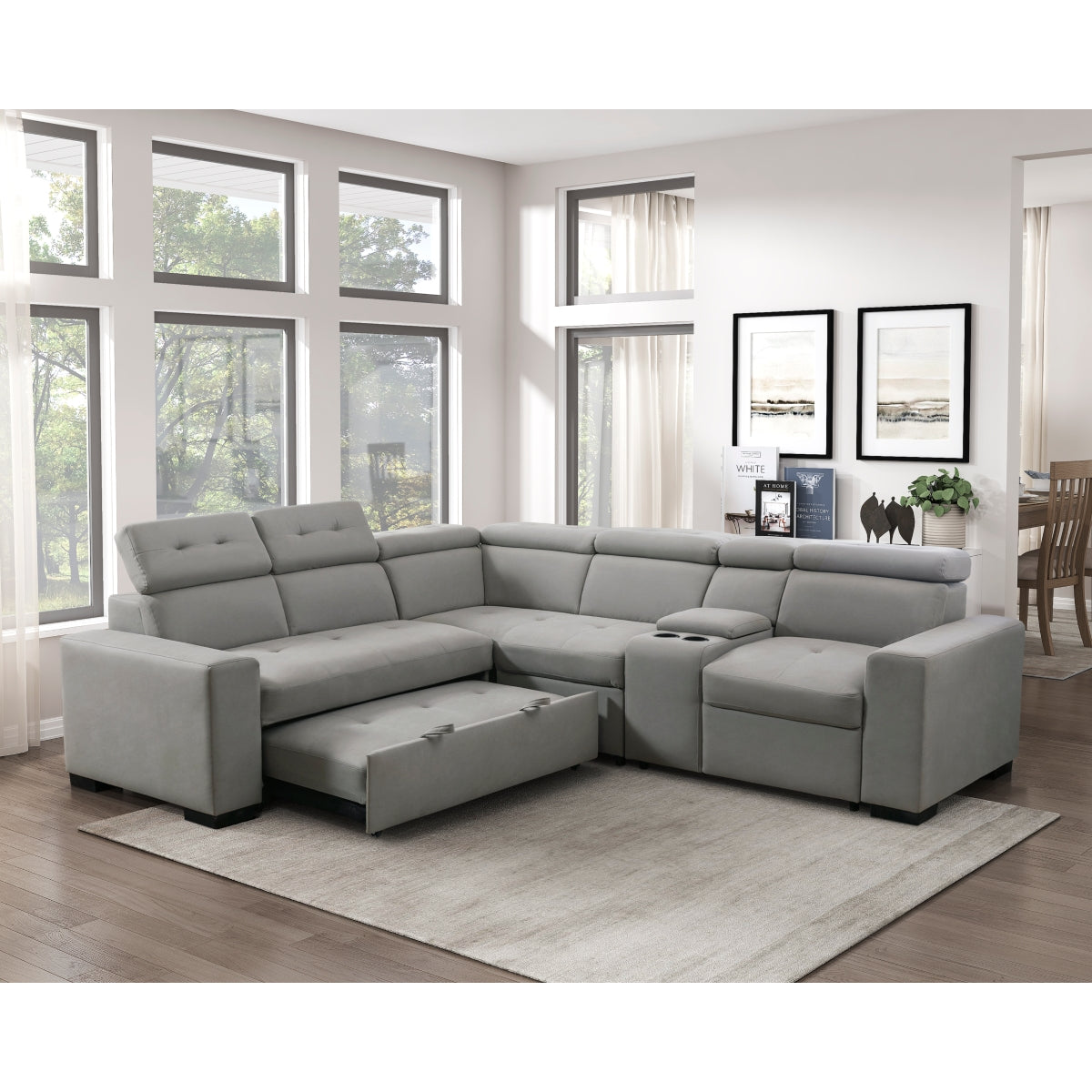 Farrah 3-Piece Sectional with Adjustable Headrests, Pull-out Bed and Console