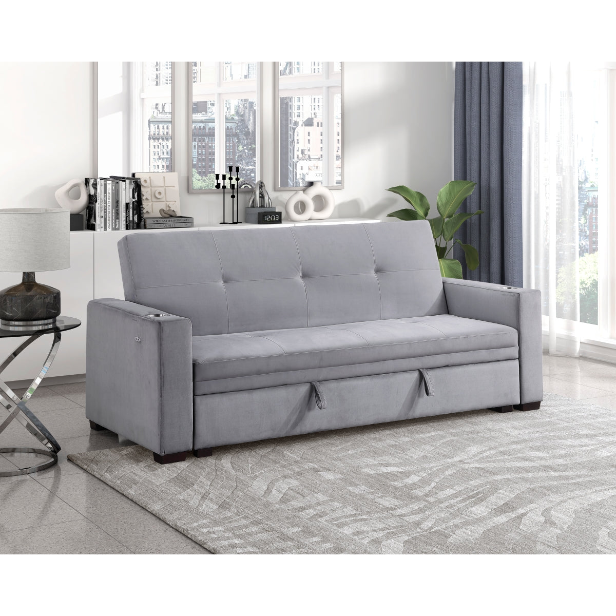Grady Convertible Sofa Bed with Hidden Storage, Cup Holders and Charging Ports