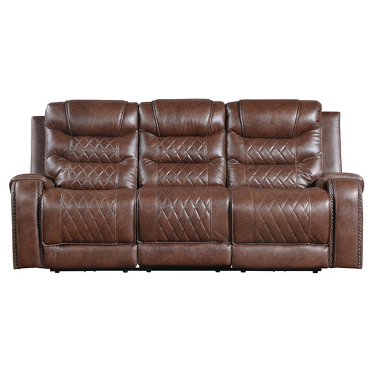 Putnam Power Double Reclining Sofa with Center Drop-Down Cup Holders, Receptacles and USB Ports - Brown