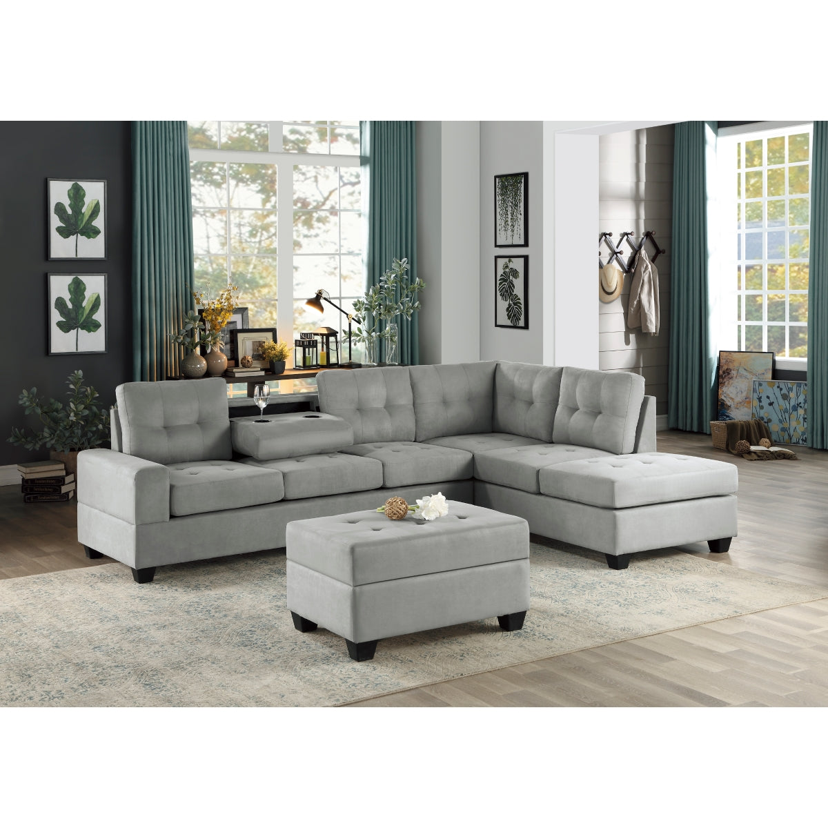 Maston 3-Piece Reversible Sectional with Drop-Down Cup Holders and Storage Ottoman