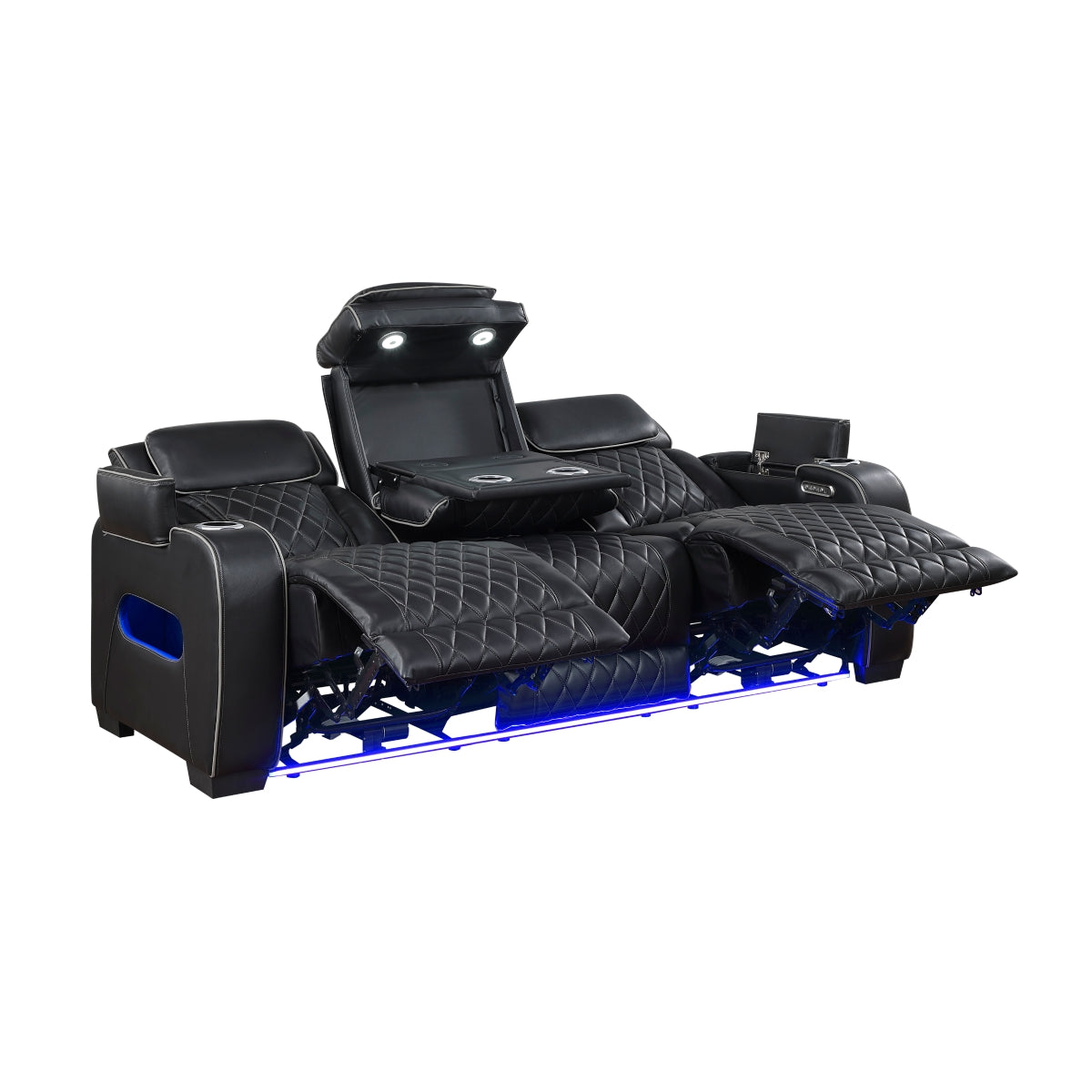 Fairway Power Double Reclining Sofa with Center Drop-Down Cup Holders, Power Headrests, Storage Arms(Top and Side), Cup holders and Reading Lights, Two Wireless Chargers, Charging Ports and LED Lighting