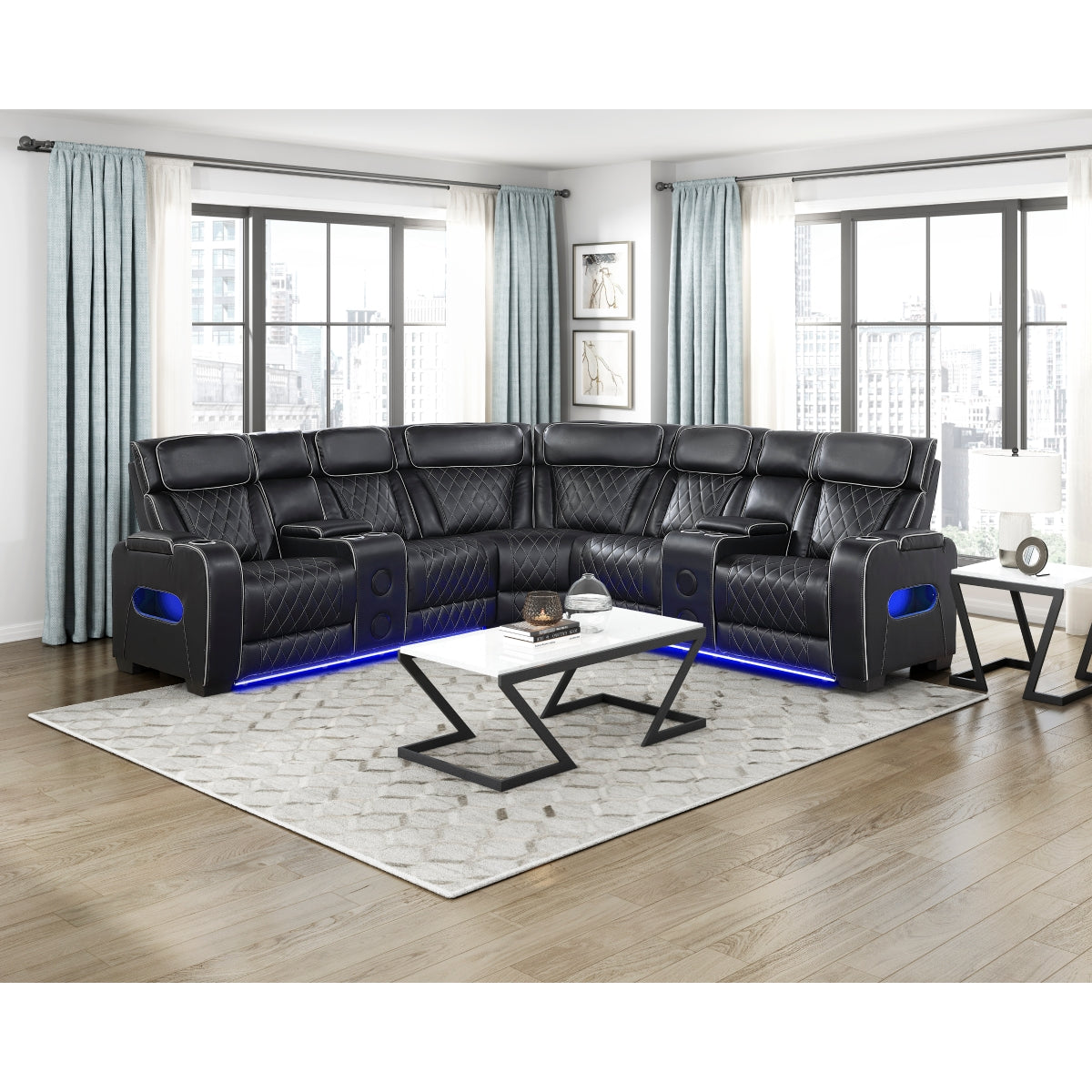Fairway 3-Piece Power Reclining Sectional with Consoles, Power Headrests, Storage Arms(Top and Side), Cup holders, Charging Ports, Wireless speakers and LED lighting