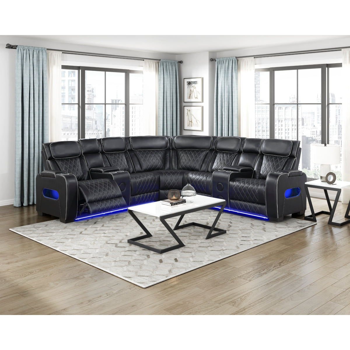 Fairway 3-Piece Power Reclining Sectional with Consoles, Power Headrests, Storage Arms(Top and Side), Cup holders, Charging Ports, Wireless speakers and LED lighting